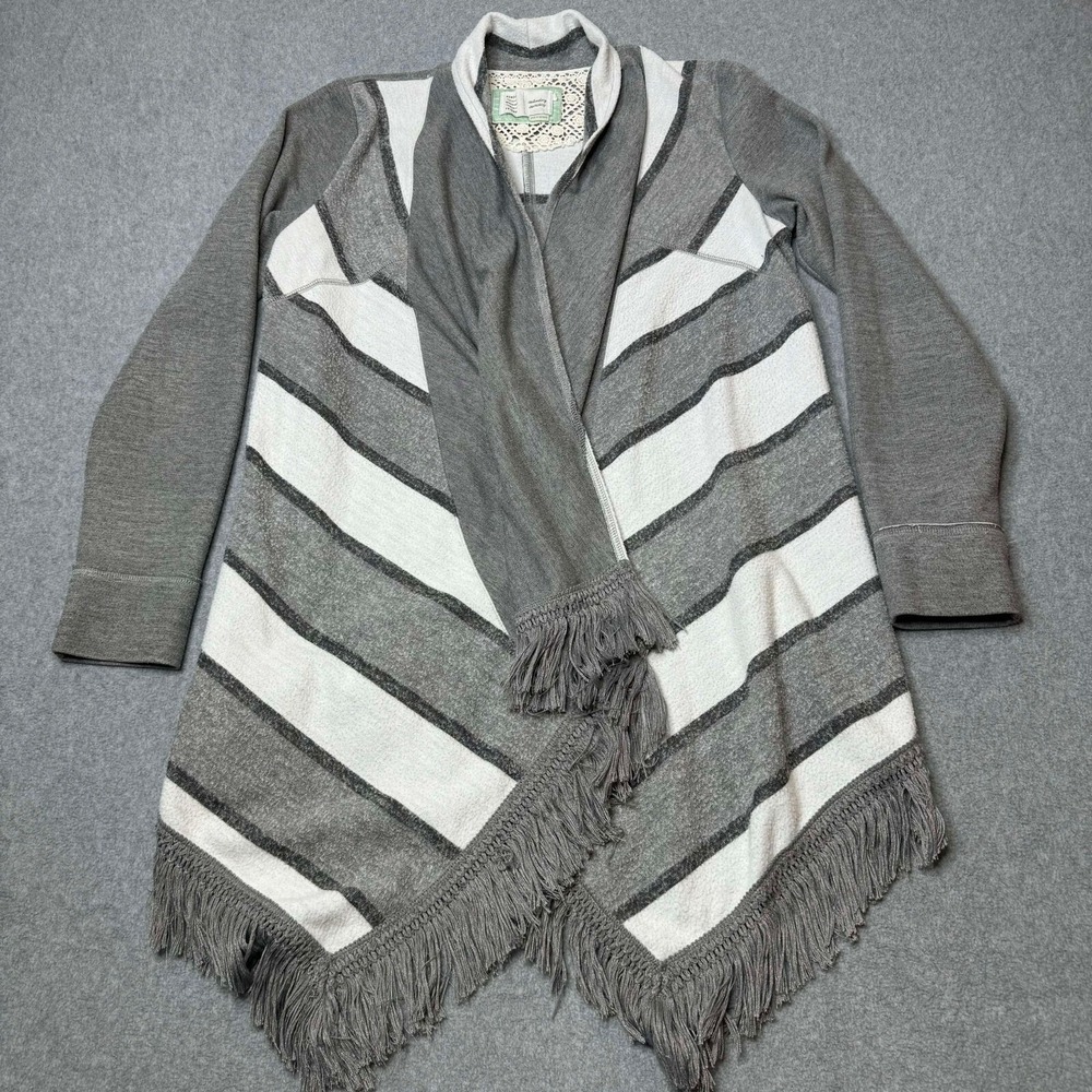 Anthropologie Saturday Sunday Womens M Elise Gray Striped Fringe Cardigan‎ BOHO
